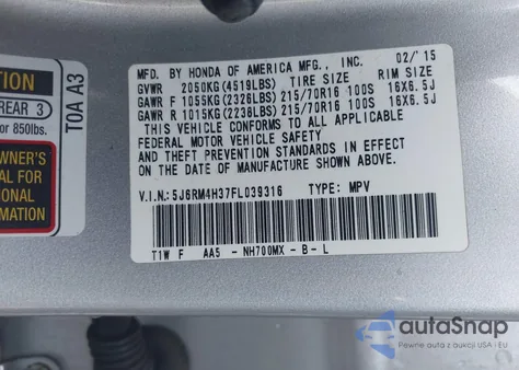 2015 Honda Cr-V Lx из США, поврежденный, VIN 5J6RM4H37FL039316